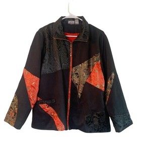 Chico's Black Oriental Red Zip Up Collared Jacket Size 2 (L) Women